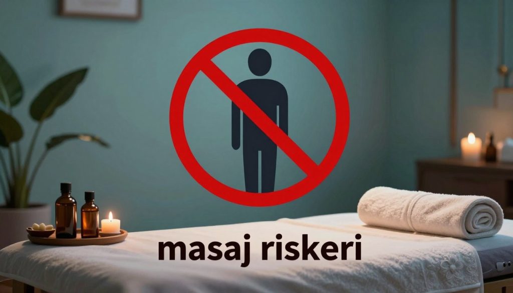 A conceptual illustration representing "masaj riskleri" embodied through symbolic elements. In the foreground, include a soft, out-of-focus massage table, with professional massage oils and towels neatly arranged. In the middle, display a visual metaphor for restricted massage, such as a red crossed circle overlaying a silhouette of a human figure, indicating contraindications. The background should feature a tranquil, dimly lit spa environment with calming colors like soft blues and greens, evoking a sense of serenity yet underscoring caution. Utilize dramatic lighting to create shadows that suggest depth and evoke contemplation. The overall mood should balance the peaceful ambiance of a massage setting with the seriousness of the topic, illustrating the importance of caution and awareness around massage therapy risks. A conceptual illustration representing "masaj riskleri" embodied through symbolic elements. In the foreground, include a soft, out-of-focus massage table, with professional massage oils and towels neatly arranged. In the middle, display a visual metaphor for restricted massage, such as a red crossed circle overlaying a silhouette of a human figure, indicating contraindications. The background should feature a tranquil, dimly lit spa environment with calming colors like soft blues and greens, evoking a sense of serenity yet underscoring caution. Utilize dramatic lighting to create shadows that suggest depth and evoke contemplation. The overall mood should balance the peaceful ambiance of a massage setting with the seriousness of the topic, illustrating the importance of caution and awareness around massage therapy risks.