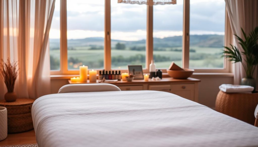 A cozy home interior with soft lighting, a massage table positioned in the foreground, adorned with plush linens and aromatherapy candles. The middle ground features a variety of essential oils, massage tools, and a soothing bowl of water. The background showcases a calming landscape through a large window, creating a serene, spa-like atmosphere. The overall scene conveys a sense of relaxation, comfort, and well-being, perfectly suited for a self-care session of simple massage techniques and aromatherapy. A cozy home interior with soft lighting, a massage table positioned in the foreground, adorned with plush linens and aromatherapy candles. The middle ground features a variety of essential oils, massage tools, and a soothing bowl of water. The background showcases a calming landscape through a large window, creating a serene, spa-like atmosphere. The overall scene conveys a sense of relaxation, comfort, and well-being, perfectly suited for a self-care session of simple massage techniques and aromatherapy.