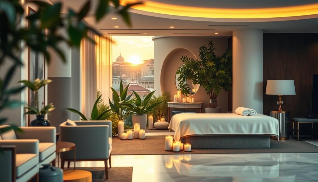 A serene and inviting depiction of the Herzamanmasaj İstanbul location. In the foreground, a beautifully arranged reception area with elegant decoration, featuring comfortable seating and soft, ambient lighting. In the middle, showcase a calming treatment room with lush greenery, aromatic candles, and soothing colors, evoking a sense of tranquility. In the background, incorporate hints of Istanbul architecture, with gentle curves and traditional elements, framed by a warm golden sunset. The overall mood should be peaceful and welcoming, inviting viewers to relax and unwind. Lighting is soft and diffused, reminiscent of a serene spa atmosphere, and the angle emphasizes the depth of the space while highlighting the details in the interior.