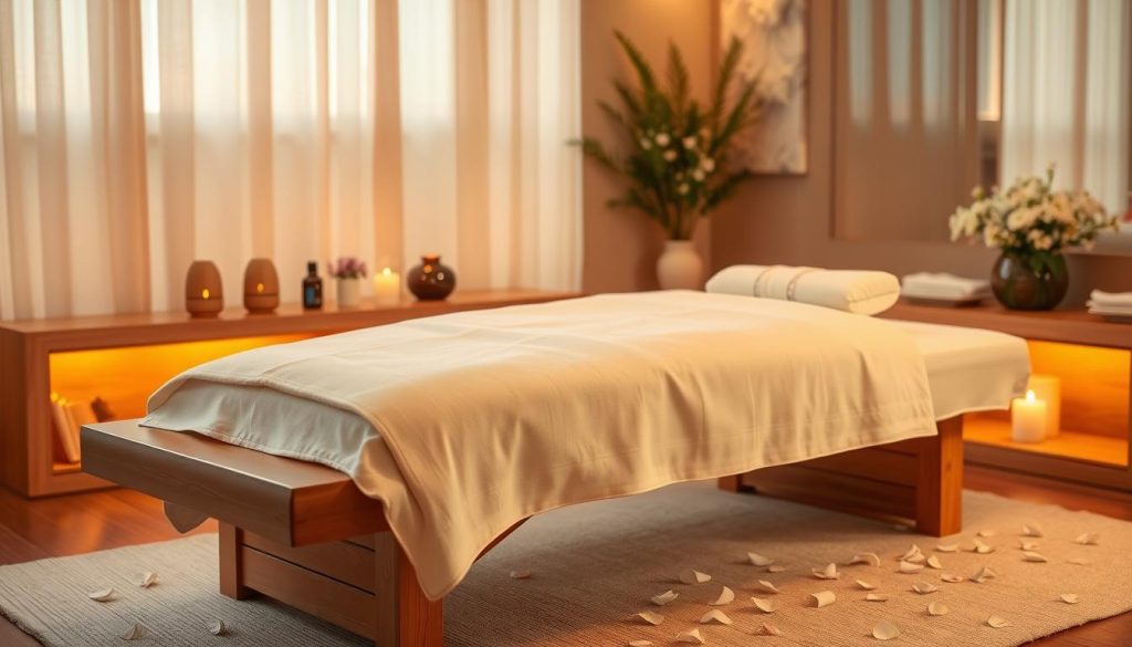 A serene and tranquil aromatherapy massage scene. A beautifully decorated spa-like room with warm lighting, featuring a wooden massage table draped in soft, luxurious linens. Essential oil diffusers emit soothing aromas, creating a calming, sensory-rich atmosphere. Delicate flower petals are scattered around the table, adding a touch of natural elegance. The scene evokes a sense of relaxation and well-being, perfectly capturing the harmonious fusion of aromatherapy and massage.