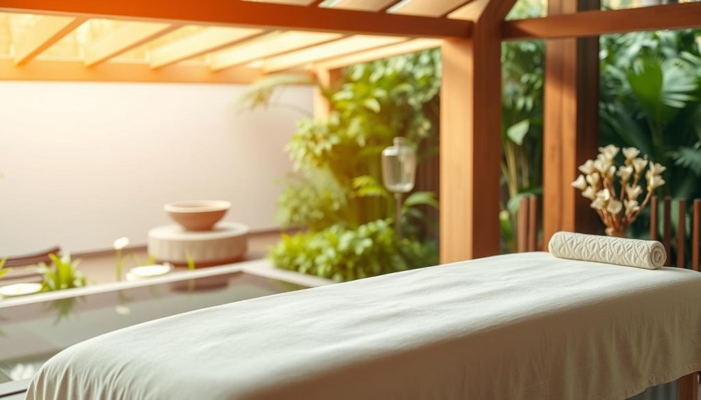 A serene and tranquil massage therapy scene, captured in a warm and inviting setting. A soothing and relaxing massage table takes center stage, surrounded by soft, natural lighting and calming hues. In the background, lush greenery and a serene water feature create a peaceful ambiance, inviting a sense of well-being and restoration. The overall composition emphasizes the calming and restorative effects of massage on overall health and wellness, without any distracting elements.