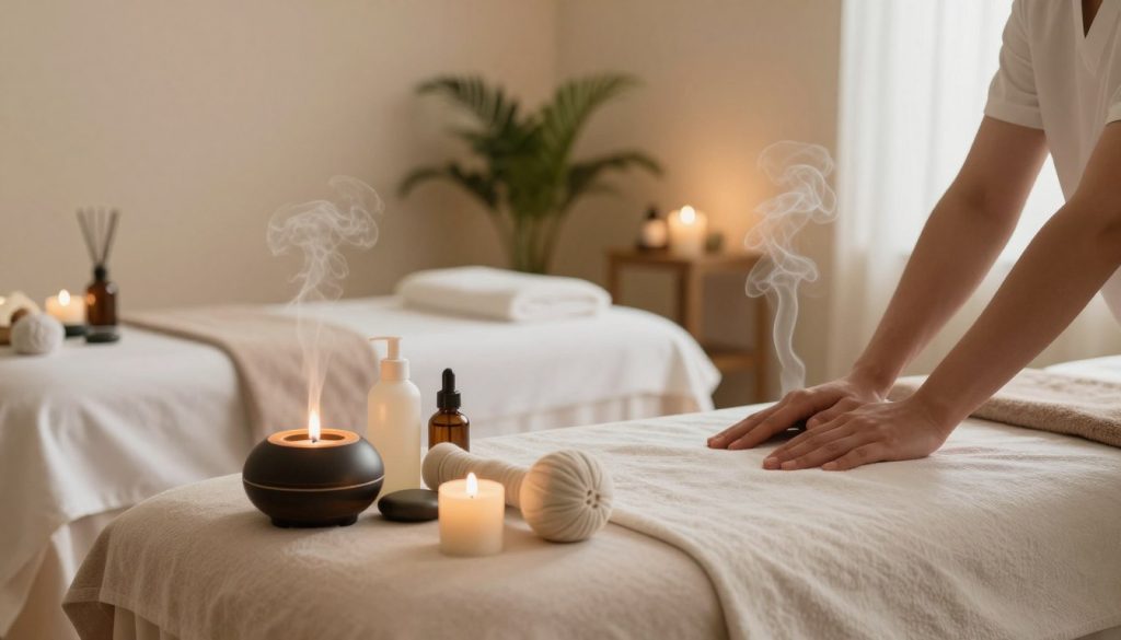 A serene spa setting showcasing various massage techniques suitable for MS patients. In the foreground, a detailed massage table with soft, neutral-colored linens and a soothing essential oil diffuser emitting a gentle mist. The middle layer features an array of massage tools, such as smooth stones, a massage ball, and soothing lotions. In the background, a tranquil room decorated with calming plants, soft lighting, and minimalist decor that induces relaxation. The lighting is warm and inviting, creating a peaceful ambiance. The overall atmosphere is calm and restorative, emphasizing care and comfort, with no human figures present, allowing focus on the massage environment and tools.