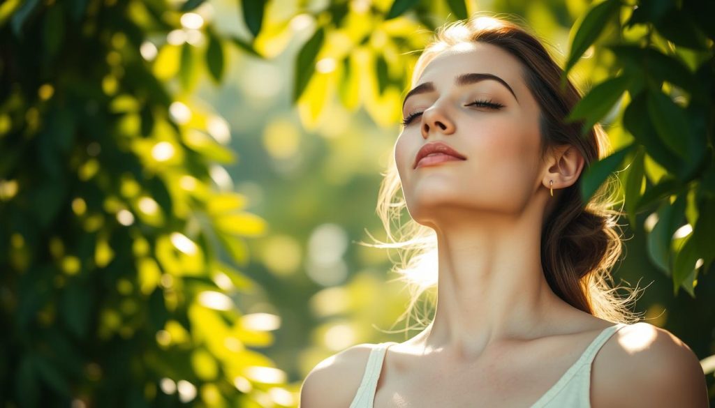 A serene, tranquil scene of a woman in a peaceful, natural setting, deeply inhaling and exhaling. The background features lush, verdant foliage, with soft, warm lighting filtering through the leaves, creating a calming, almost ethereal atmosphere. The woman's face is relaxed, her eyes closed, as she focuses intently on her breathing, a expression of pure contentment and rejuvenation. The composition emphasizes the connection between breath, beauty, and overall well-being, with a sense of balance and harmony permeating the entire image. A serene, tranquil scene of a woman in a peaceful, natural setting, deeply inhaling and exhaling. The background features lush, verdant foliage, with soft, warm lighting filtering through the leaves, creating a calming, almost ethereal atmosphere. The woman's face is relaxed, her eyes closed, as she focuses intently on her breathing, a expression of pure contentment and rejuvenation. The composition emphasizes the connection between breath, beauty, and overall well-being, with a sense of balance and harmony permeating the entire image.