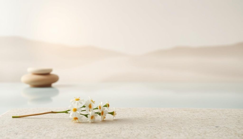 A tranquil, minimalist scene depicting the benefits of massage. In the foreground, a delicate floral arrangement rests on a smooth, natural stone surface, hinting at the soothing, restorative nature of the practice. The middle ground features a simple, uncluttered space with soft, diffused lighting, creating a sense of calm and relaxation. In the background, a serene, abstract landscape in muted tones evokes a feeling of harmony and inner peace. The overall composition conveys the powerful connection between massage, mental well-being, and physical health, reflecting the scientific link between stress, emotions, and their impact on the body. A tranquil, minimalist scene depicting the benefits of massage. In the foreground, a delicate floral arrangement rests on a smooth, natural stone surface, hinting at the soothing, restorative nature of the practice. The middle ground features a simple, uncluttered space with soft, diffused lighting, creating a sense of calm and relaxation. In the background, a serene, abstract landscape in muted tones evokes a feeling of harmony and inner peace. The overall composition conveys the powerful connection between massage, mental well-being, and physical health, reflecting the scientific link between stress, emotions, and their impact on the body.