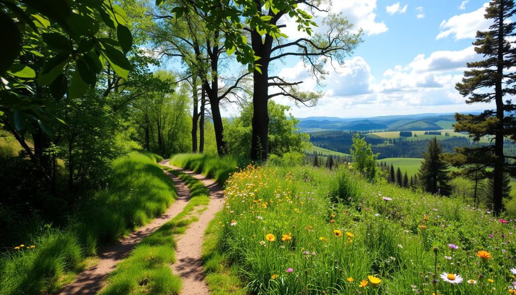 A tranquil scene depicting a serene forest trail, with lush greenery and vibrant wildflowers lining the path. In the foreground, soft sunlight filters through the leaves, casting gentle shadows on the ground. The middle layer features a winding path that invites exploration, where the colors of nature blend harmoniously, showcasing shades of green, yellow, and hints of purple. In the background, towering trees create a canopy, while a distant view reveals rolling hills under a bright blue sky dotted with fluffy clouds. The atmosphere is calm and rejuvenating, evoking a sense of peace and mental clarity, reminiscent of the healing powers of nature and aromatherapy. The image should capture the essence of renewal and tranquility without any human presence.