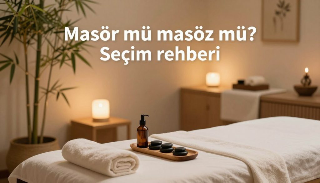 A visually engaging image illustrating the theme of "Masör mü masöz mü? Seçim rehberi." In the foreground, display an elegant massage table and professional tools like oils, stones, and towels arranged neatly, creating a serene atmosphere. In the middle, include an inviting, softly lit spa environment with calming decor such as bamboo plants, warm-toned lighting, and soothing colors, promoting relaxation and therapy. In the background, portray a peaceful wellness room with soft textiles and minimalist design, adding to the ambiance without being distracting. The scene should evoke a sense of calm, professionalism, and guidance without the presence of any human figures. The lighting should be soft and warm, suggesting tranquility, with a shallow depth of field that focuses on the massage setting. A visually engaging image illustrating the theme of "Masör mü masöz mü? Seçim rehberi." In the foreground, display an elegant massage table and professional tools like oils, stones, and towels arranged neatly, creating a serene atmosphere. In the middle, include an inviting, softly lit spa environment with calming decor such as bamboo plants, warm-toned lighting, and soothing colors, promoting relaxation and therapy. In the background, portray a peaceful wellness room with soft textiles and minimalist design, adding to the ambiance without being distracting. The scene should evoke a sense of calm, professionalism, and guidance without the presence of any human figures. The lighting should be soft and warm, suggesting tranquility, with a shallow depth of field that focuses on the massage setting.
